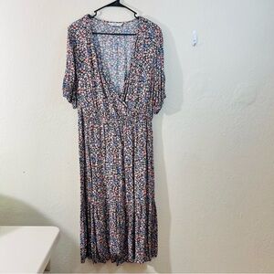 F&F Multicolor Floral Deep V-Neck Short Sleeve Maxi Dress Women Size 12 Vacay